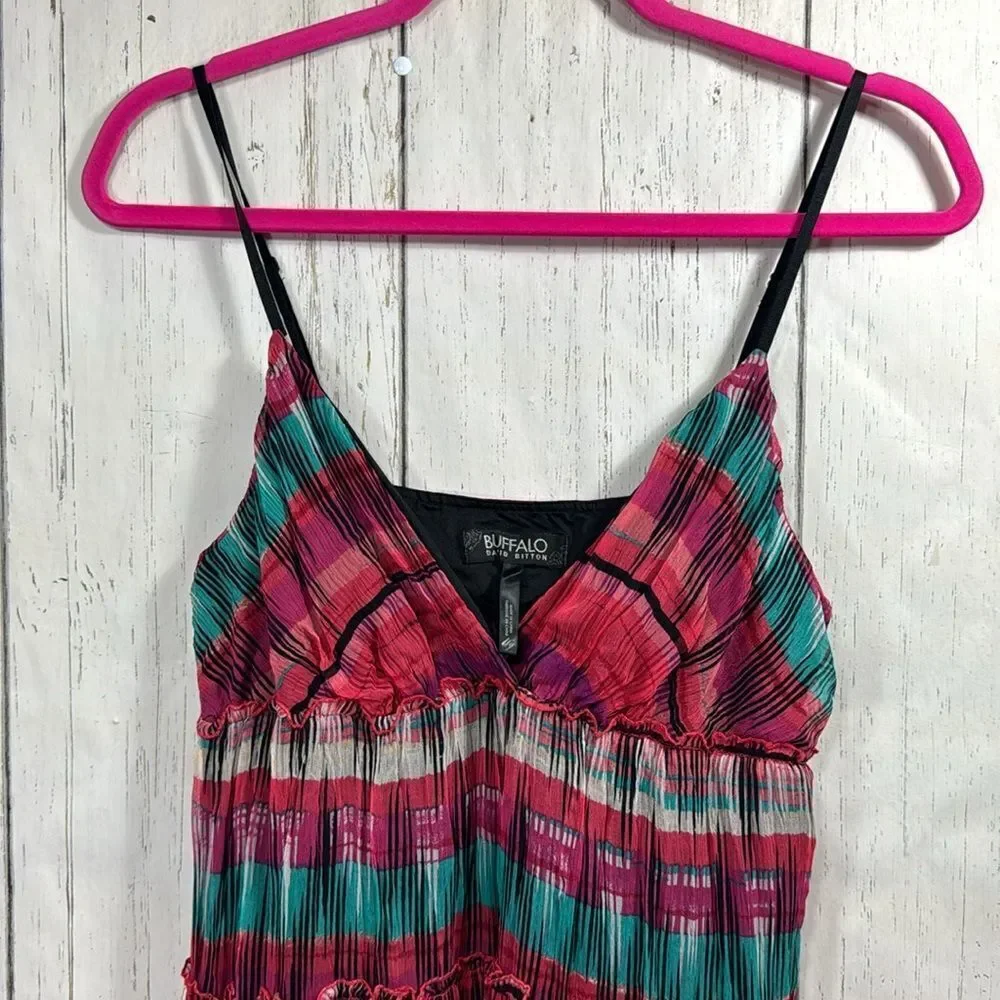 Buffalo David Britton Women 100% Silk Tank Top Ruffle Plaid Tiered Fairy Boho - Picture 2 of 16